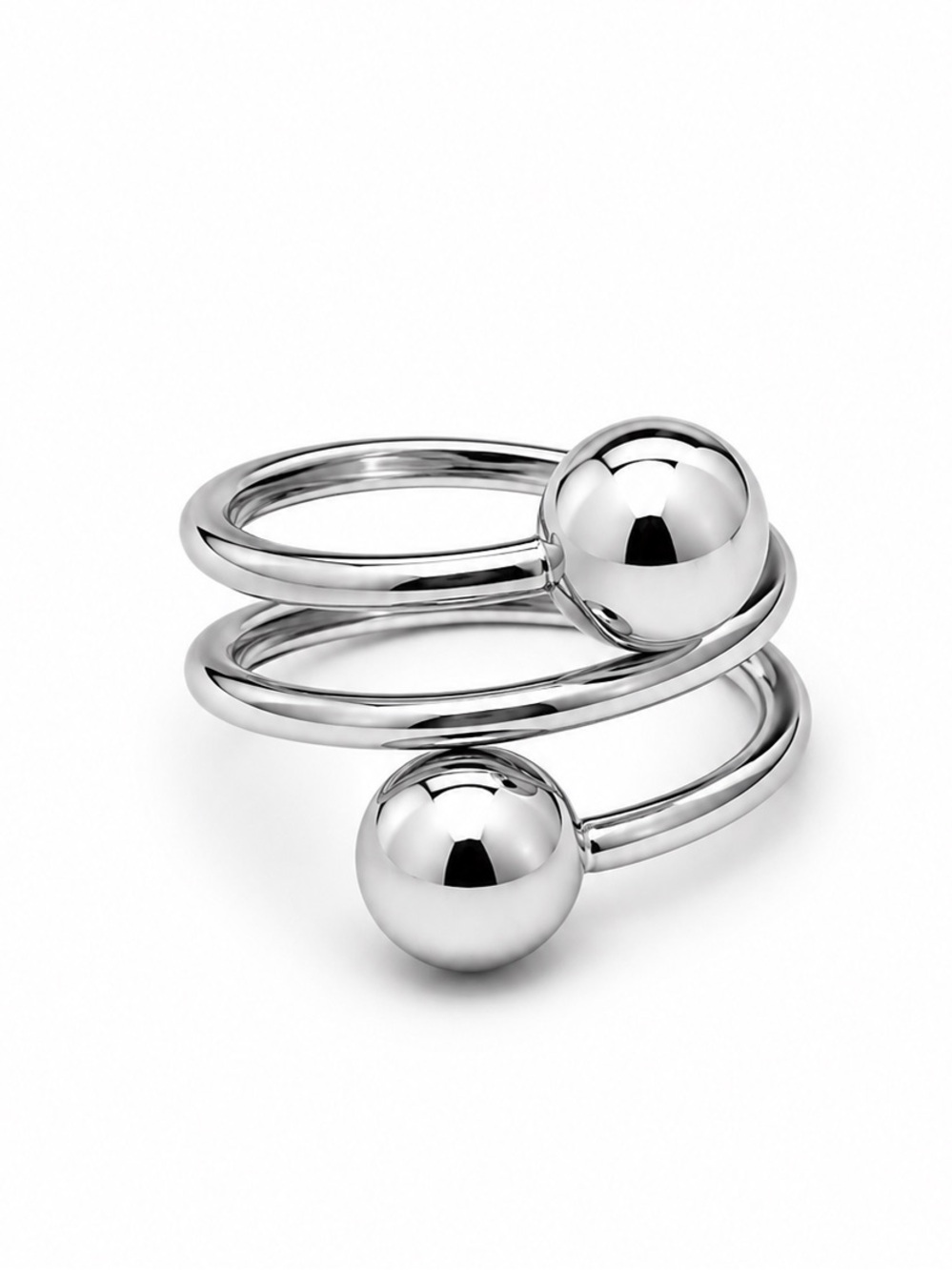 Stainless Steel Double Ball Spiral Bypass Statement Ring